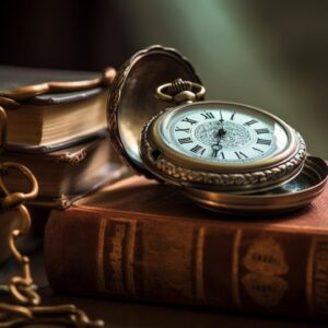 Antique Watch on Leather Bound Book on Table