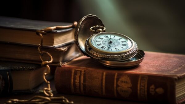 Antique Watch on Leather Bound Book on Table