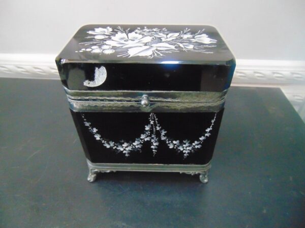 Mary Gregory silver trim glass casket box