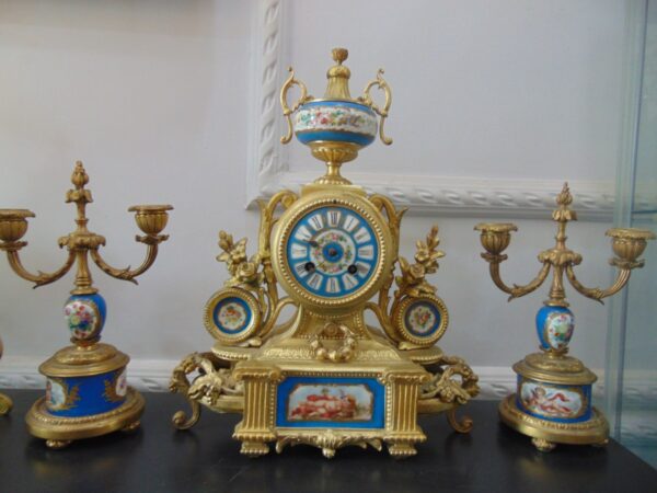 French Sevres Ormolu Clock Set