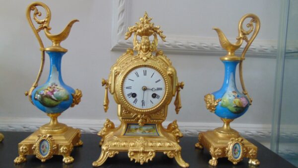 French Sevres Ormolu Clock Set